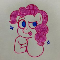 Size: 2048x2048 | Tagged: safe, artist:funfairfever, derpibooru import, pinkie pie, earth pony, pony, bust, female, mare, portrait, solo, sparkles, tongue, tongue out, traditional art