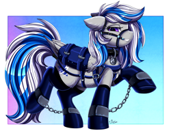Size: 3130x2408 | Tagged: safe, artist:pridark, derpibooru import, oc, oc only, oc:lady lightning strike, pegasus, pony, bound wings, chains, clothes, collar, harness, latex, latex socks, name tag, socks, solo, stockings, thigh highs, wings