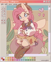 Size: 1589x1944 | Tagged: safe, artist:musicfirewind, fluttershy, pegasus, pony, beret, clothes, cottagecore, cute, dress, female, hat, mare, ms paint, shyabetes, skirt, tights