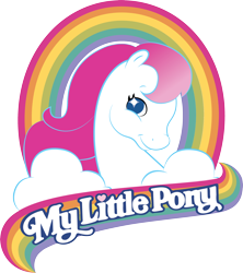 Size: 2606x2933 | Tagged: safe, derpibooru import, earth pony, pony, g2, female, heart, logo, looking at you, mare, my little pony, my little pony logo, rainbow, simple background, smiling, smiling at you, solo, text, transparent background
