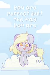 Size: 1200x1800 | Tagged: safe, artist:support-ponies, artist:typhwosion, derpibooru import, derpy hooves, pegasus, pony, cloud, cute, derpabetes, female, looking at you, mare, on a cloud, positive message, positive ponies, sky, smiling, smiling at you, solo, talking to viewer, text