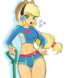 Size: 717x826 | Tagged: safe, artist:rainbom__1122, derpibooru import, applejack, human, equestria girls, equestria girls series, lost and found, belly button, clothes, female, metal detector, midriff, simple background, solo, swimsuit, white background