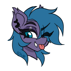 Size: 2000x2000 | Tagged: safe, artist:sickly-sour, derpibooru import, oc, oc only, oc:belfry towers, bat pony, pony, bat pony oc, bust, ear piercing, earring, eye clipping through hair, eyebrows, eyebrows visible through hair, fangs, jewelry, one eye closed, piercing, portrait, simple background, solo, white background, wink