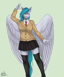 Size: 3000x3600 | Tagged: safe, artist:p i k i n a s 13, derpibooru import, oc, oc:vinyl dask, anthro, pegasus, clothes, glasses, school uniform, skirt, solo, stockings, thigh highs, wings
