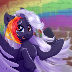 Size: 3000x3000 | Tagged: safe, artist:silverfir, derpibooru import, oc, oc only, pegasus, pony, brick wall, chest fluff, ear fluff, ears, flowing mane, fluffy, heterochromia, hoof fluff, hooves, long mane, looking at you, paint, paintbrush, painting, raised hoof, raised leg, smiling, smiling at you, solo, spread wings, unshorn fetlocks, wings
