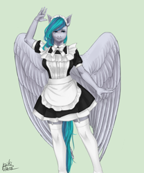 Size: 3000x3600 | Tagged: safe, artist:p i k i n a s 13, derpibooru import, oc, oc:vinyl dask, anthro, pegasus, clothes, female, maid, maid headdress, mare, solo, stockings, thigh highs, uniform