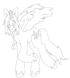 Size: 925x1038 | Tagged: safe, artist:maggot, derpibooru import, oc, oc only, alicorn, alicorn oc, black and white, grayscale, horn, looking at you, monochrome, open mouth, raised hoof, raised leg, simple background, solo, spread wings, unshorn fetlocks, white background, wings