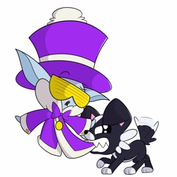 Size: 4000x4000 | Tagged: safe, artist:mrneo, derpibooru import, cap (tfh), dog, winter sprite, them's fightin' herds, biting, community related, duo, eyebrows, hat, open mouth, puppy, raised eyebrow, simple background, tail, tail wag, top hat, white background