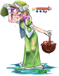 Size: 2048x2610 | Tagged: safe, artist:applephil, derpibooru import, diamond tiara, human, basket, clothes, dress, eyeshadow, female, gloves, hat, humanized, life bar, makeup, poké ball, pokémon, puddle, running makeup, simple background, solo, sun hat, wet, wet clothes, white background