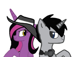 Size: 1024x768 | Tagged: safe, artist:discord73, derpibooru import, oc, oc only, oc:reverb, oc:showtime, alicorn, unicorn, alicorn oc, duo, duo male and female, female, hat, horn, looking at each other, looking at someone, male, mare, request, simple background, unicorn oc, white background, wings