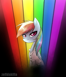 Size: 1700x2000 | Tagged: safe, artist:zeffdakilla, derpibooru import, rainbow dash, pegasus, pony, fanfic:rainbow factory, fanfic art, looking at you, rainbow, sitting, solo