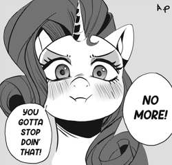 Size: 1914x1829 | Tagged: safe, artist:applephil, derpibooru import, rarity, pony, unicorn, black and white, blushing, bust, dialogue, female, frown, grayscale, looking at you, mare, monochrome, ponified, puffy cheeks, solo, speech bubble