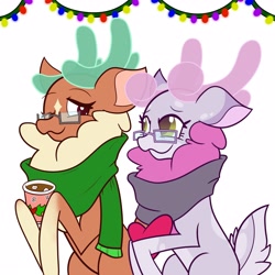 Size: 4000x4000 | Tagged: safe, artist:mrneo, derpibooru import, cashmere (tfh), oc, oc:mohair, deer, reindeer, them's fightin' herds, chocolate, christmas, clothes, community related, food, glasses, holiday, hot chocolate, marshmallow, mocash, scarf, simple background, tfh oc, white background