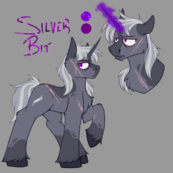 Size: 1000x1000 | Tagged: safe, artist:molars, derpibooru import, oc, oc only, oc:silver bit, pony, unicorn, fallout equestria, character design, doodle, long mane, magic, male, purple magic, scar, solo, stallion, unshorn fetlocks