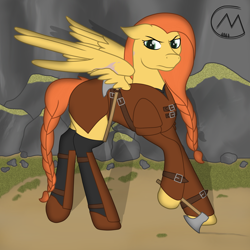 Size: 3200x3200 | Tagged: safe, artist:maître cervidé, derpibooru import, oc, oc:flame fever, pegasus, armor, axe, clothes, female, scar, solo, weapon