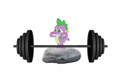 Size: 1800x1168 | Tagged: safe, derpibooru import, spike, dragon, party of one, flexing, rock, simple background, smiling, solo, weights, white background