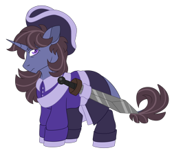 Size: 5897x5369 | Tagged: safe, artist:crazysketch101, derpibooru import, oc, oc only, oc:tenebris querilous, pony, unicorn, clothes, commission, simple background, solo, sword, transparent background, uniform, weapon