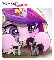 Size: 1084x1200 | Tagged: safe, artist:lailyren, derpibooru import, princess cadance, oc, oc:devilvoice, oc:madelinne, bat pony, earth pony, bat pony oc, earth pony oc, food, heart, heart eyes, holiday, looking at each other, looking at someone, meme, now kiss, pizza, shipper on deck, valentine's day, wingding eyes