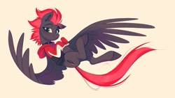 Size: 2048x1152 | Tagged: safe, artist:imalou, derpibooru import, oc, oc only, oc:cinder blaze, pegasus, pony, clothes, collar, ear piercing, female, flying, hoodie, looking at you, piercing, smiling, solo, spread wings, wings