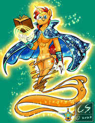 Size: 1024x1326 | Tagged: safe, artist:adhiguna, artist:johnathon-matthews, derpibooru import, sunburst, anthro, human, book, cape, clothes, cuffs (clothes), deviantart watermark, genie, genie lamp, gift art, glasses, humanized, magic, obtrusive watermark, personal watermark, present, solo, watermark