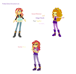 Size: 1426x1380 | Tagged: safe, artist:prettycelestia, derpibooru import, adagio dazzle, sunset shimmer, belt buckle, boots, brown eyes, clothes, eyeshadow, four arms, fusion, gem, gloves, high heel boots, makeup, multiple arms, shoes, simple background, siren gem, white background