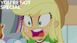 Size: 1920x1080 | Tagged: safe, derpibooru import, edit, edited screencap, editor:quoterific, screencap, applejack, better together, equestria girls, rollercoaster of friendship, angry, applejack is not amused, applejack's hat, applejerk, clothes, cowboy hat, female, freckles, hat, implied rarity, open mouth, solo, unamused, yelling