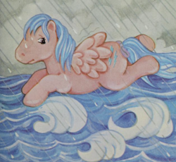 Size: 930x854 | Tagged: safe, derpibooru import, pegasus, pony, g1, cloud, my little pony and the new friends, ocean, rain, scared, solo, storm, swimming, water, wave, wet, wet mane, wet mane firefly, worried