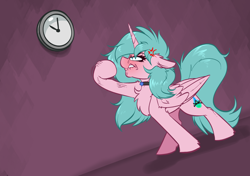 Size: 4000x2817 | Tagged: safe, artist:witchtaunter, derpibooru import, oc, alicorn, pony, angry, blushing, chest fluff, clock, commission, dutch angle, ear fluff, ears, floppy ears, shaking hoof, shoulder fluff, simple background, solo