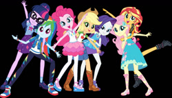 Size: 1183x676 | Tagged: safe, artist:birulxmen, derpibooru import, applejack, fluttershy, pinkie pie, rainbow dash, rarity, sci-twi, sunset shimmer, twilight sparkle, equestria girls, black background, clothes, fluttershy boho dress, humane five, humane seven, humane six, rarity peplum dress, simple background