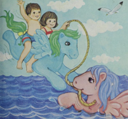 Size: 928x864 | Tagged: safe, derpibooru import, firefly, medley, bird, human, pegasus, pony, g1, child, children, clothes, my little pony and the new friends, ocean, peril, rescue, riding, riding a pony, rope, swimming, swimsuit, water, waving, wet, wet mane, wet mane firefly