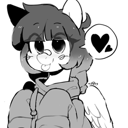 Size: 2048x2048 | Tagged: safe, derpibooru import, oc, oc:arwencuack, pegasus, pony, :p, clothes, eye clipping through hair, grayscale, heart, hoodie, monochrome, pegasus oc, pictogram, solo, tongue, tongue out, wings