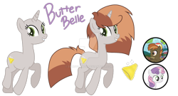 Size: 1218x656 | Tagged: safe, artist:denovoanew, artist:elementbases, derpibooru import, button mash, sweetie belle, oc, oc:butter belle, unicorn, base, base used, cutie mark, deviantart watermark, female, horn, mare, obtrusive watermark, offspring, parent:button mash, parent:sweetie belle, parents:sweetiemash, reference sheet, screencap reference, simple background, solo, transparent background, unicorn oc, watermark