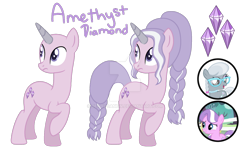Size: 1142x700 | Tagged: safe, artist:denovoanew, artist:elementbases, derpibooru import, diamond tiara, silver spoon, oc, oc:amethyst diamond, earth pony, unicorn, base, base used, braid, braided tail, colored horn, cutie mark, deviantart watermark, horn, magical lesbian spawn, obtrusive watermark, offspring, parent:diamond tiara, parent:silver spoon, parents:silvertiara, reference sheet, screencap reference, simple background, tail, transparent background, unicorn oc, watermark