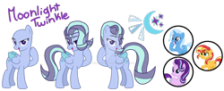 Size: 1280x524 | Tagged: safe, artist:denovoanew, artist:elementbases, derpibooru import, starlight glimmer, sunset shimmer, trixie, oc, oc:moonlight twinkle, pegasus, unicorn, base, base used, colored wings, cutie mark, deviantart watermark, hair over one eye, magical lesbian spawn, obtrusive watermark, offspring, parent:starlight glimmer, parent:trixie, parents:startrix, pegasus oc, reference sheet, simple background, transparent background, watermark, wings