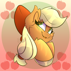 Size: 2500x2500 | Tagged: safe, artist:starcasteclipse, derpibooru import, applejack, earth pony, pony, blushing, bow, bust, cute, gradient background, hair bow, jackabetes, portrait, solo