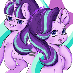 Size: 2000x2000 | Tagged: safe, artist:edgyanimator, derpibooru import, starlight glimmer, pony, unicorn, blue eyes, blushing, cute, ears up, equal cutie mark, evil, evil grin, female, grin, long hair, looking at you, mare, open mouth, open smile, purple hair, raised hoof, raised leg, s5 starlight, simple background, smiling