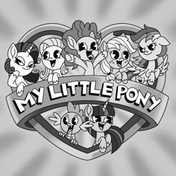 Size: 1280x1280 | Tagged: safe, alternate version, artist:inkies299, derpibooru import, applejack, fluttershy, pinkie pie, rainbow dash, rarity, spike, twilight sparkle, alicorn, dragon, earth pony, pegasus, pony, unicorn, animaniacs, black and white, ears, female, floppy ears, grayscale, male, mane seven, mane six, mare, monochrome, open mouth, open smile, pacman eyes, smiling, spread wings, tongue, tongue out, wings