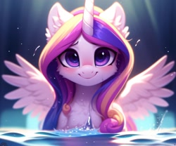 Size: 3072x2560 | Tagged: safe, derpibooru import, generator:purplesmart.ai, generator:stable diffusion, machine learning generated, princess cadance, alicorn, pony, abstract background, cute, cutedance, eyebrows, female, looking at you, mare, smiling, smiling at you, solo, splashing, spread wings, water, watermark, wings