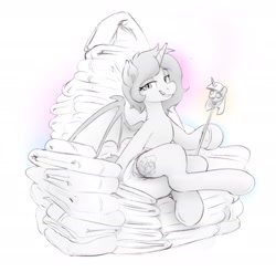 Size: 2238x2204 | Tagged: safe, artist:edrian, derpibooru import, oc, oc:chroma wave, alicorn, bat pony, bat pony alicorn, pony, bat wings, diaper, diaper fetish, fetish, horn, non-baby in diaper, scepter, smiling, smirk, throne, twilight scepter, wet diaper, wings