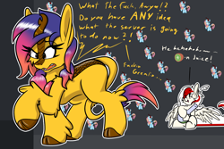 Size: 3000x2000 | Tagged: safe, artist:aryn, derpibooru import, oc, oc only, oc:awya lightfeather, oc:line art, kirin, pegasus, pony, kirin oc, kirin-ified, kirinposting, pegasus oc, potion, shitposting, simple background, species swap, two toned mane