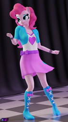 Size: 2160x3840 | Tagged: safe, artist:shadowboltsfm, derpibooru import, pinkie pie, anthro, plantigrade anthro, 3d, blender, boots, bracelet, breasts, clothes, cute, dancing, equestria girls outfit, eyeshadow, female, high heel boots, high res, jewelry, makeup, not sfm, shoes, skirt, smiling, solo