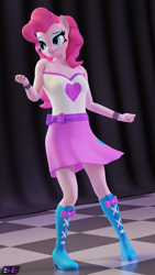 Size: 2160x3840 | Tagged: safe, artist:shadowboltsfm, derpibooru import, pinkie pie, anthro, plantigrade anthro, 3d, blender, boots, bracelet, breasts, clothes, cute, dancing, equestria girls outfit, eyeshadow, female, high heel boots, high res, jewelry, makeup, not sfm, shoes, skirt, smiling, solo