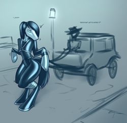 Size: 2073x2000 | Tagged: safe, artist:c91industries, derpibooru import, oc, oc only, earth pony, semi-anthro, bondage, cart, earth pony oc, latex, latex suit, mask, outdoors, solo