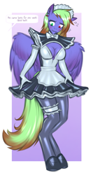 Size: 1392x2616 | Tagged: safe, artist:c91industries, derpibooru import, oc, oc only, oc:electra, anthro, pegasus, unguligrade anthro, abstract background, breasts, cleavage, clothes, evening gloves, female, gloves, heterochromia, hoof shoes, latex, latex dress, long gloves, maid, maid headdress, offscreen character, pegasus oc, skirt, solo, talking, wings