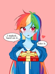 Size: 611x821 | Tagged: safe, artist:rainbom__1122, derpibooru import, rainbow dash, human, blushing, bronybait, cute, dashabetes, engrish, eyebrows, eyebrows visible through hair, female, heart, holiday, humanized, pink background, pony coloring, present, simple background, solo, speech bubble, sweat, talking to viewer, valentine's day