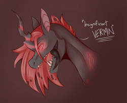 Size: 2000x1620 | Tagged: safe, artist:venobatss, derpibooru import, oc, changeling, changeling queen, bust, changeling queen oc, fangs, glowing, glowing eyes, red changeling, solo, story included, talking