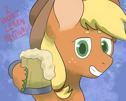 Size: 1280x1024 | Tagged: safe, artist:fizzycolalizzie, derpibooru import, applejack, earth pony, pony, cider, cider mug, februpony, female, grin, mare, mug, simple background, smiling, solo, text