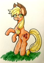 Size: 2789x4030 | Tagged: safe, artist:mylittleyuri, derpibooru import, applejack, earth pony, pony, applejack's hat, clothes, cowboy hat, cute, female, hat, jackabetes, mare, open mouth, rearing, solo, traditional art