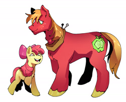 Size: 2048x1659 | Tagged: safe, artist:sunshineradiance, derpibooru import, apple bloom, big macintosh, earth pony, pony, brother and sister, female, filly, foal, male, open mouth, raised hoof, raised leg, siblings, simple background, stallion, white background