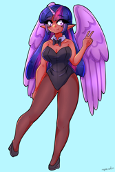 Size: 1800x2700 | Tagged: safe, artist:mylittleyuri, derpibooru import, twilight sparkle, human, big breasts, blue background, bowtie, breasts, bunny suit, clothes, dark skin, elf ears, female, fishnet stockings, headlight sparkle, high heels, horn, horned humanization, humanized, pantyhose, peace sign, playboy bunny, shoes, simple background, socks, solo, stockings, thigh highs, winged humanization, wings